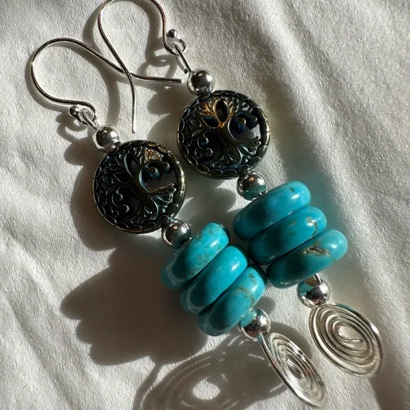 ARTISAN Tree of Life Turquoise Heishi Bead Wire Wrapped Sterling Earrings 2 1/3” - Picture 6 of 7